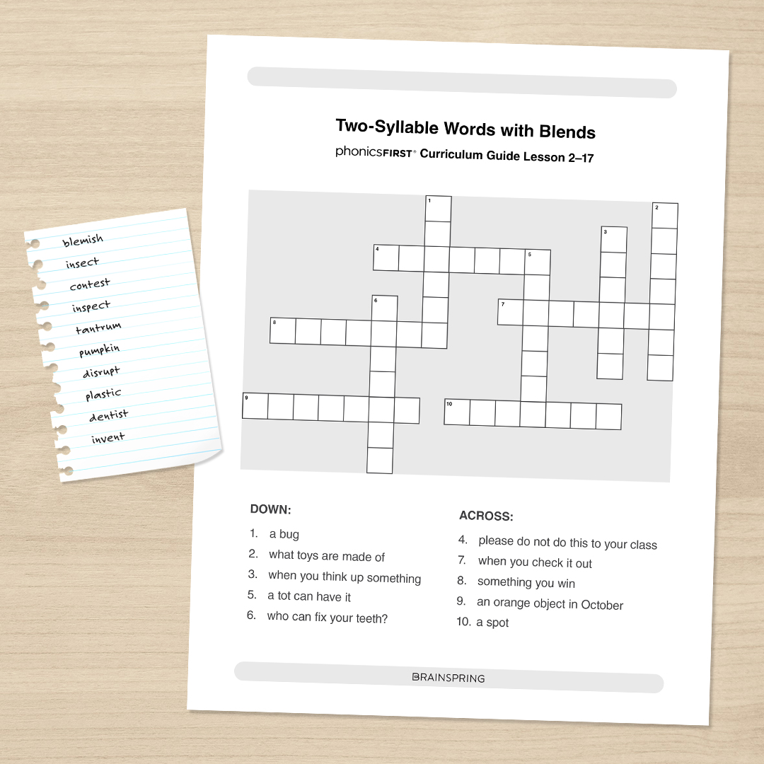 Multisensory Monday TwoSyllable Words with Blends Crossword Puzzle